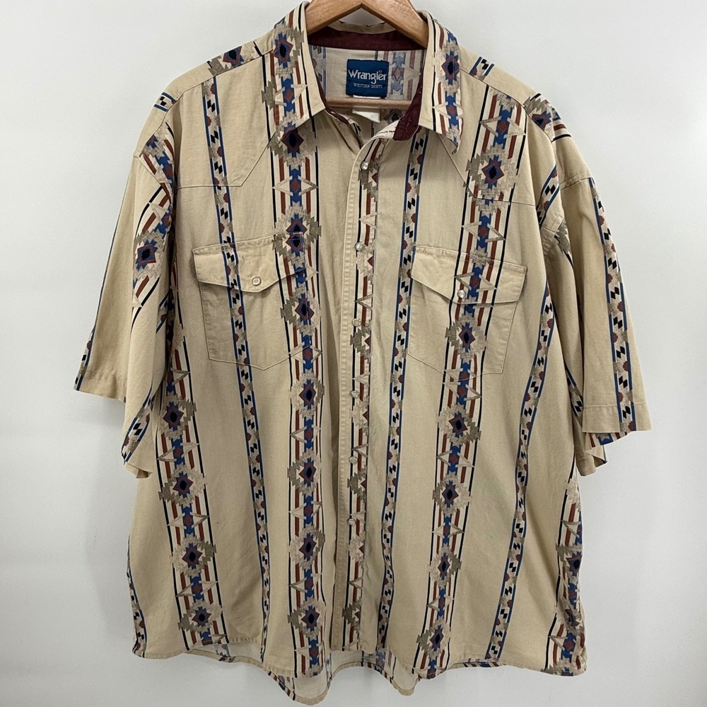 Wrangler Vintage Western Pearl Snap Shirt Mens XXL Tan Southwestern Tribal